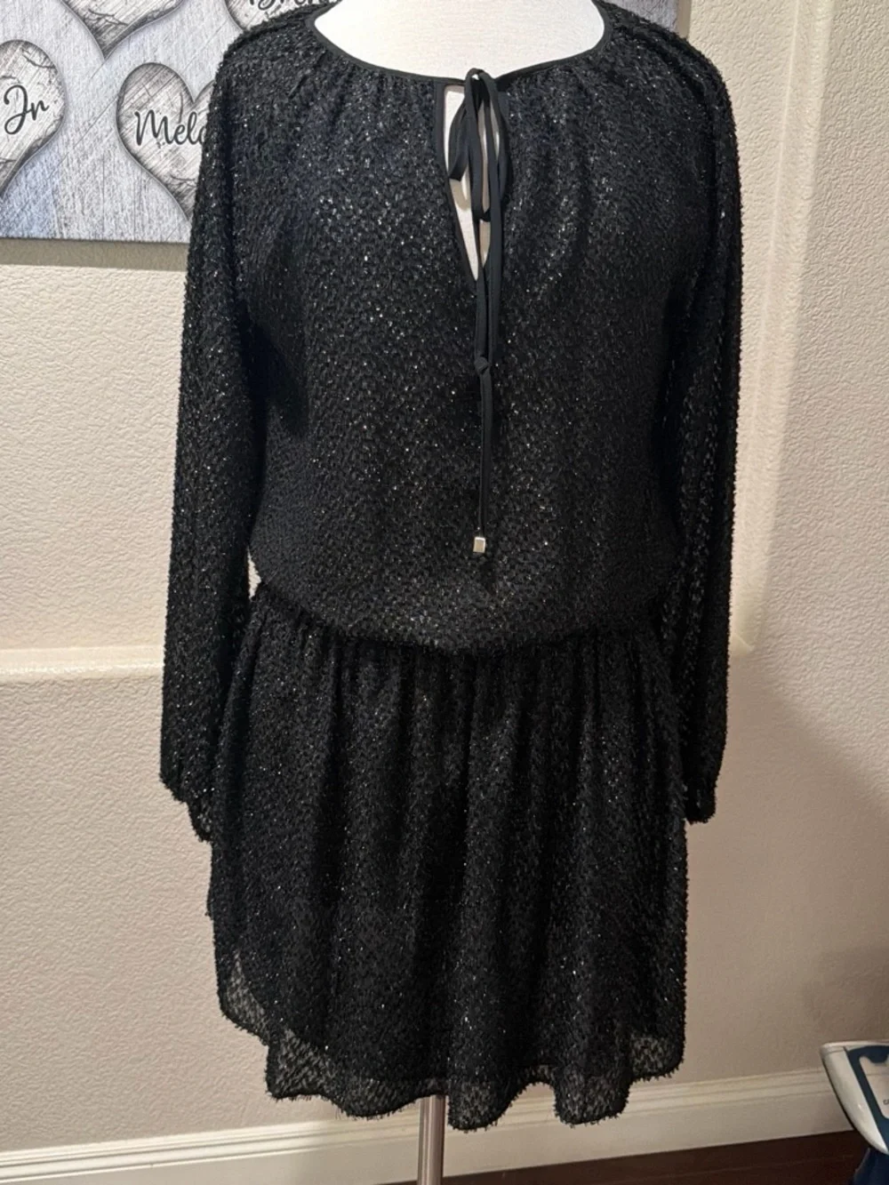 Michael Kors Black Long-Sleeve Tie-Neck Glitter Dress